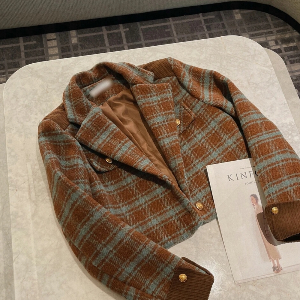 Plaid Tweed Jackets Coat Woman Clothing - Picture 6 of 7